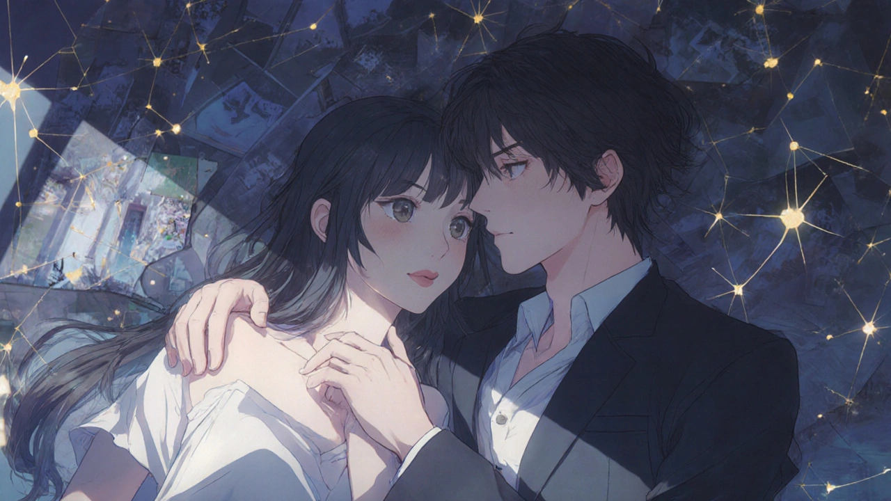 A couple lies side by side, their hands nearly touching, with fading traumatic memories dissolving into golden threads.