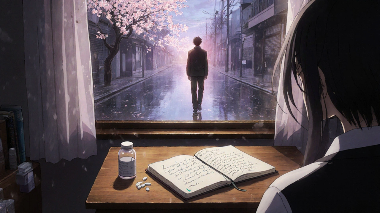 A journal and pill bottle rest on a table as a man walks under cherry blossoms, trauma fading into light.