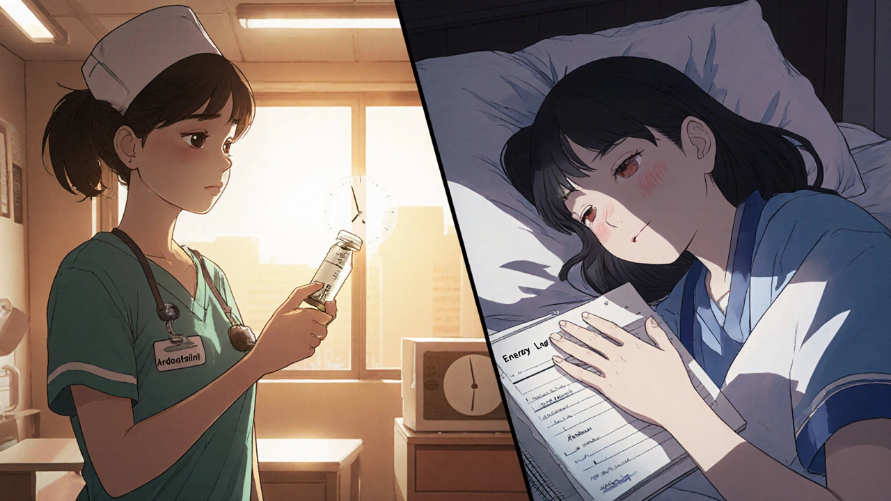 A nurse alert at work with armodafinil, then resting peacefully at dawn.