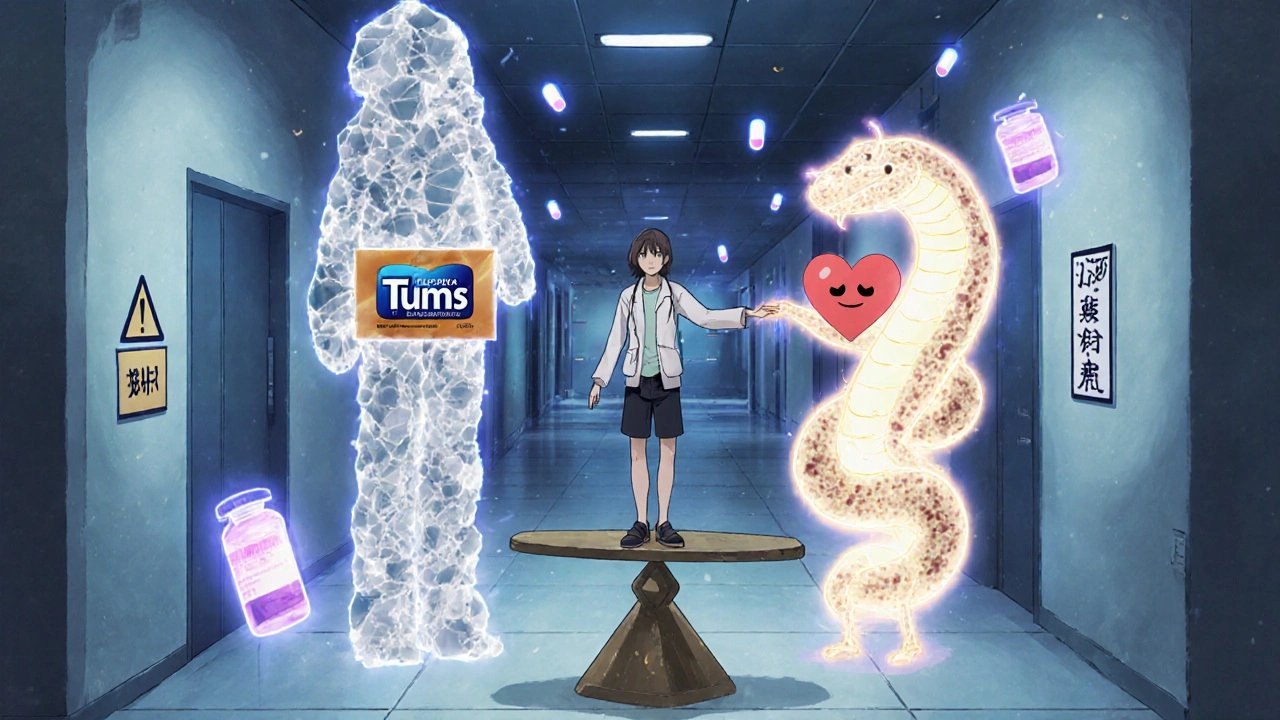 A patient balanced between three symbolic phosphate binder figures in a surreal clinic, with floating pills and warning signs.