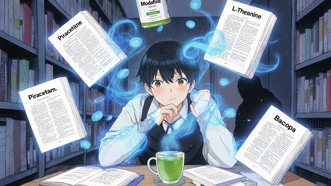 A student surrounded by floating herbal nootropics in mist, with modafinil out of reach.