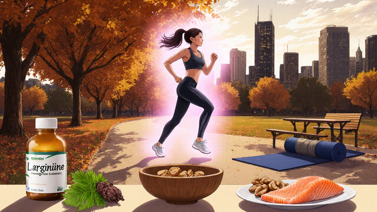 Active woman running with herbal supplements and healthy foods nearby.