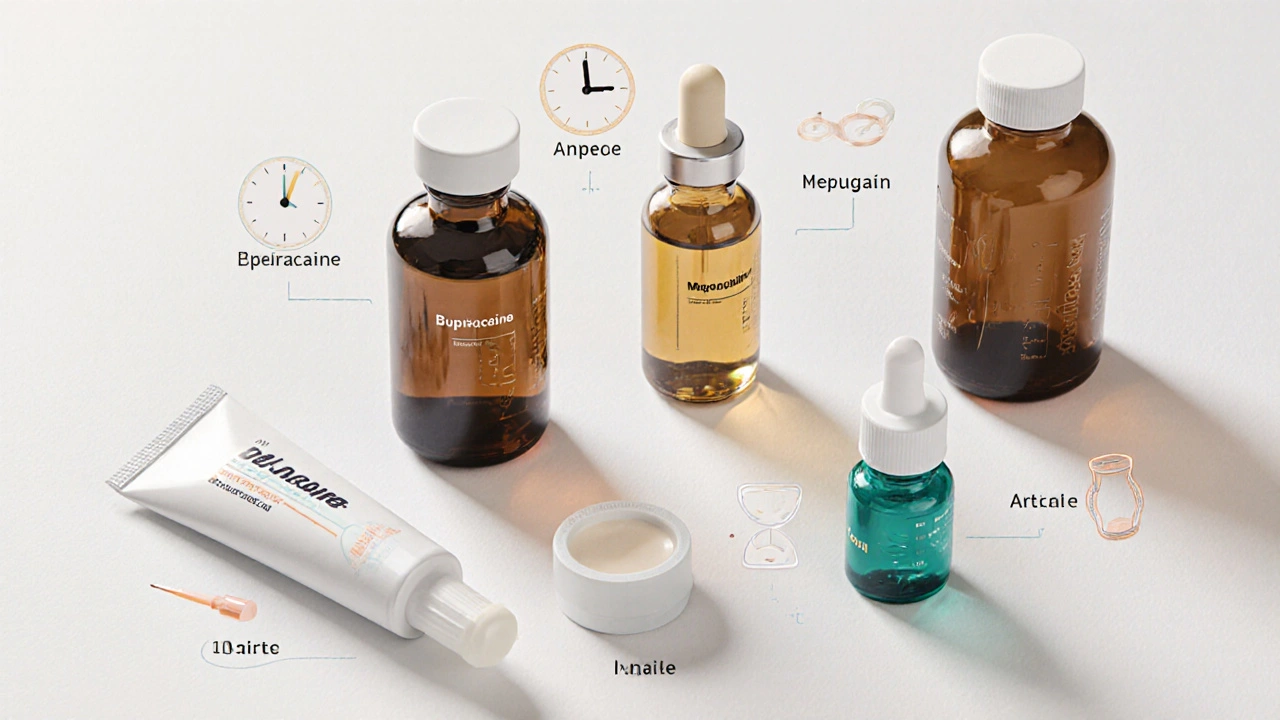 Assortment of anesthetic vials and tubes with icons showing onset, duration, and route.