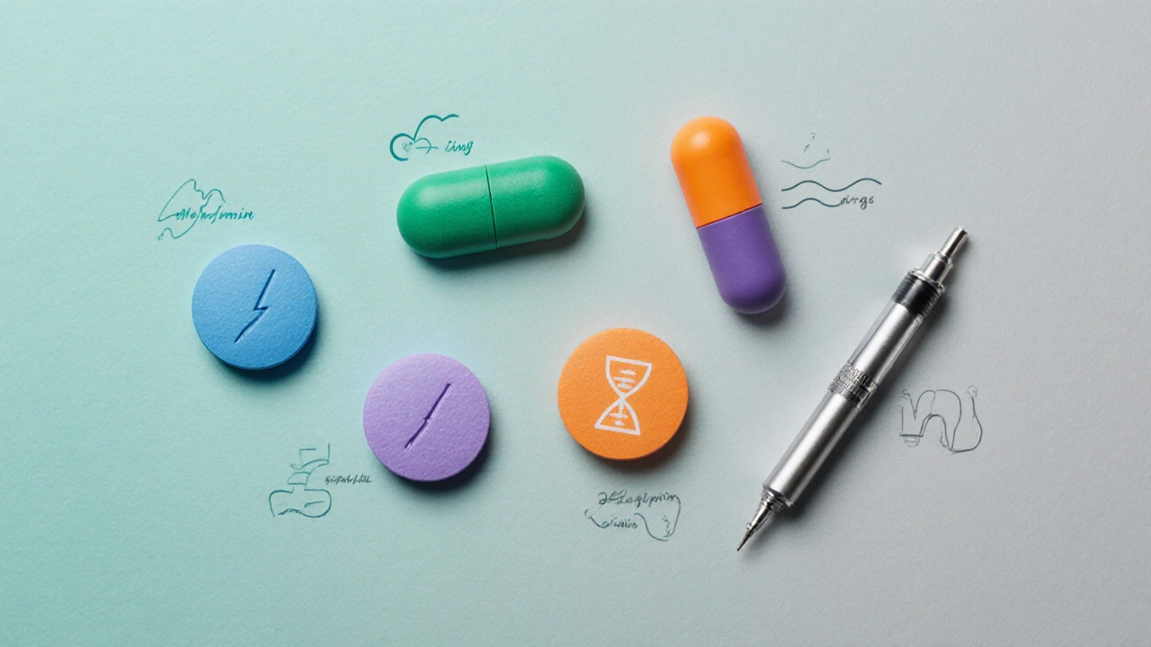 Assortment of diabetes pills and an injector pen displayed on a gradient surface.