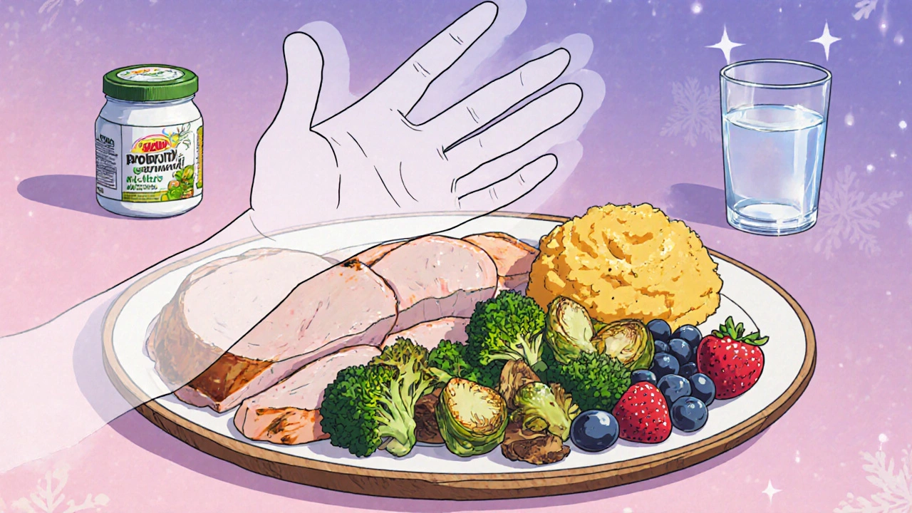Balanced festive plate with turkey, sweet potatoes, vegetables, and hand‑size portion guide.