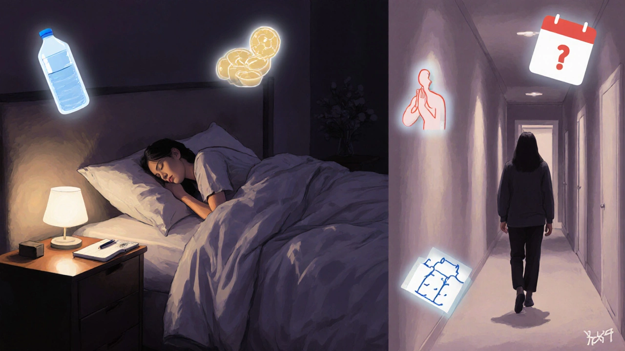 Bedroom scene with patient resting, journaling, and walking with friend.
