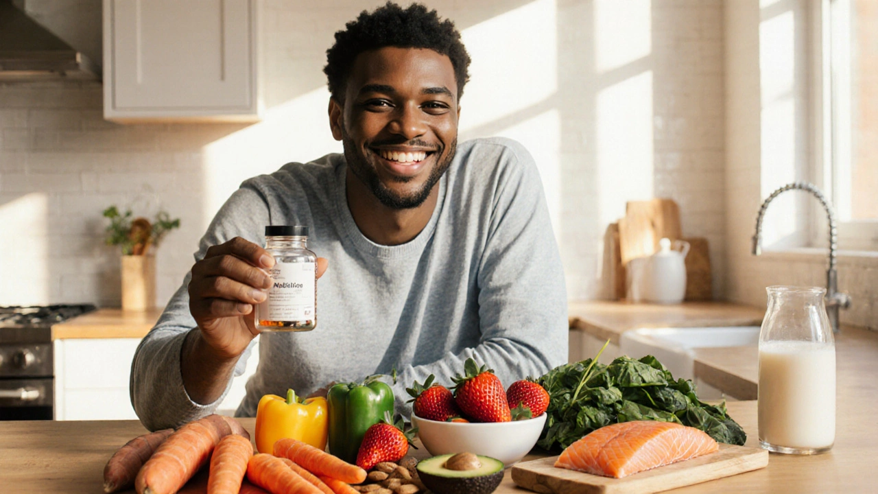 Bright kitchen scene with a smiling person, vitamin supplements, and colorful foods that support healthy teeth and gums.