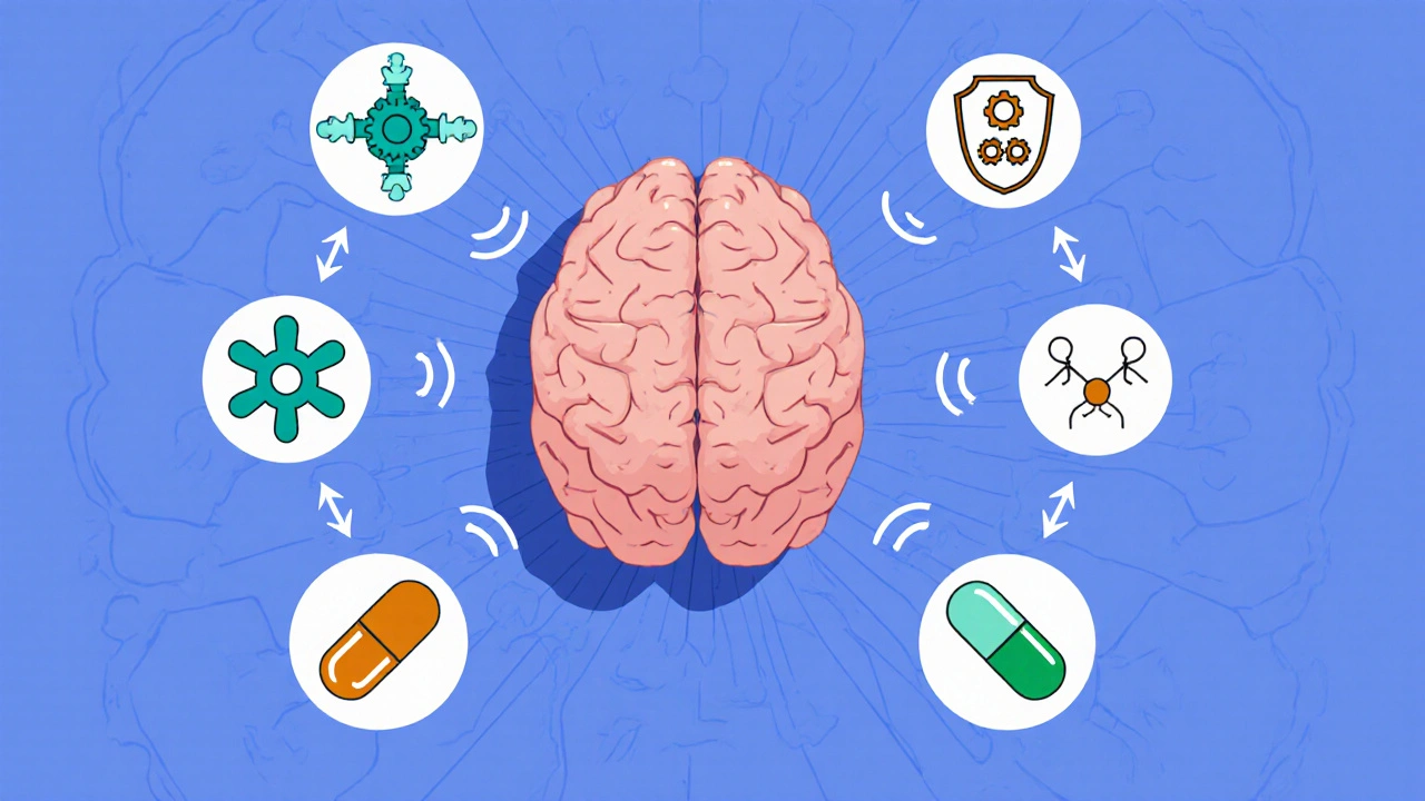 Cartoon icons of six Parkinson&#039;s drugs surrounding a brain, depicting their mechanisms.