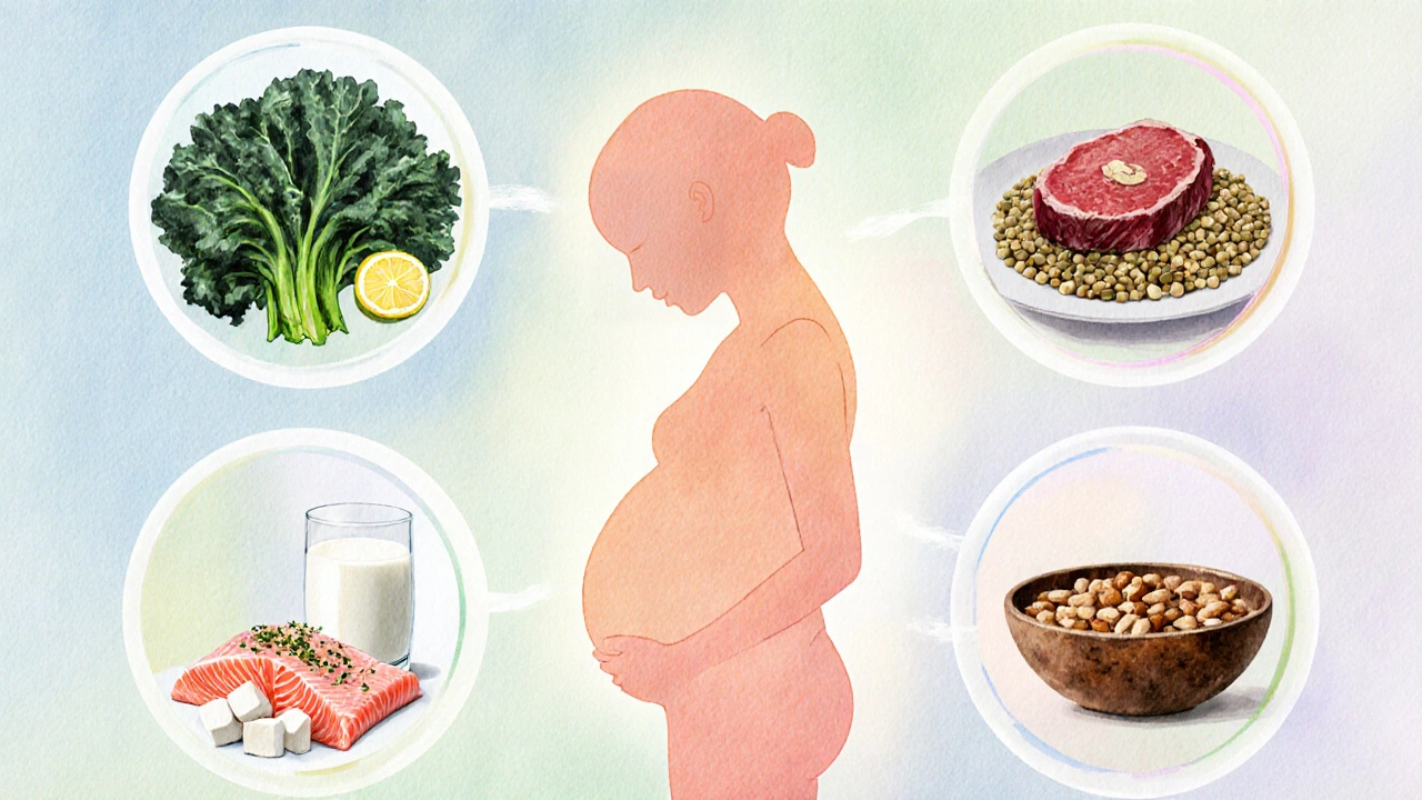 Circle of folate‑rich leafy greens, iron‑rich meat, calcium dairy, omega‑3 salmon, and protein beans surrounding a glowing fetal silhouette.