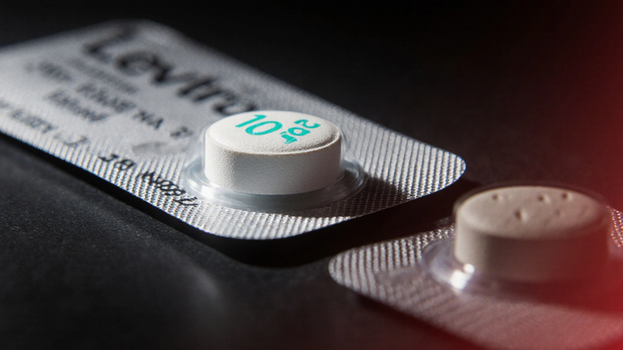 Close‑up of authentic Levitra tablet beside a blurry counterfeit pill.