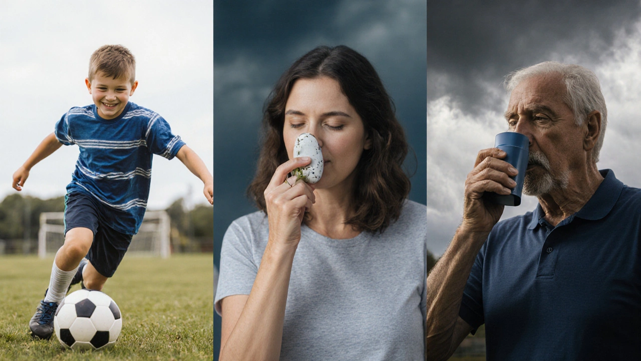 Collage of a boy playing, a woman checking glucose, and a man using an inhaler showing various steroid uses.