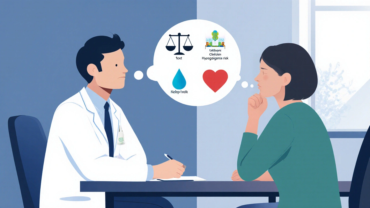 Doctor and patient discuss medication options with floating icons representing risks and benefits.