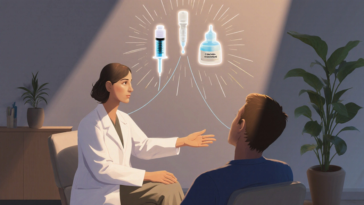 Doctor and patient discussing anesthesia options with visual symbols for injection, cream, and block.