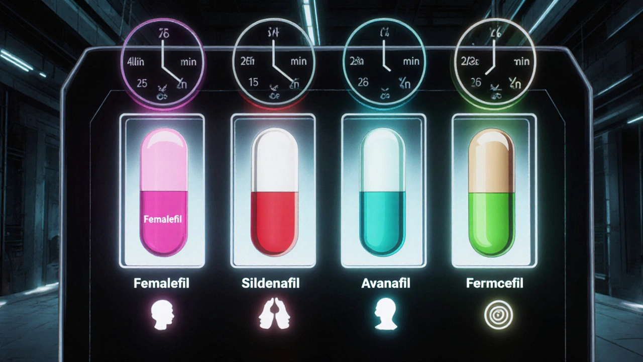 Futuristic vending machine showing different pills with onset and duration icons.