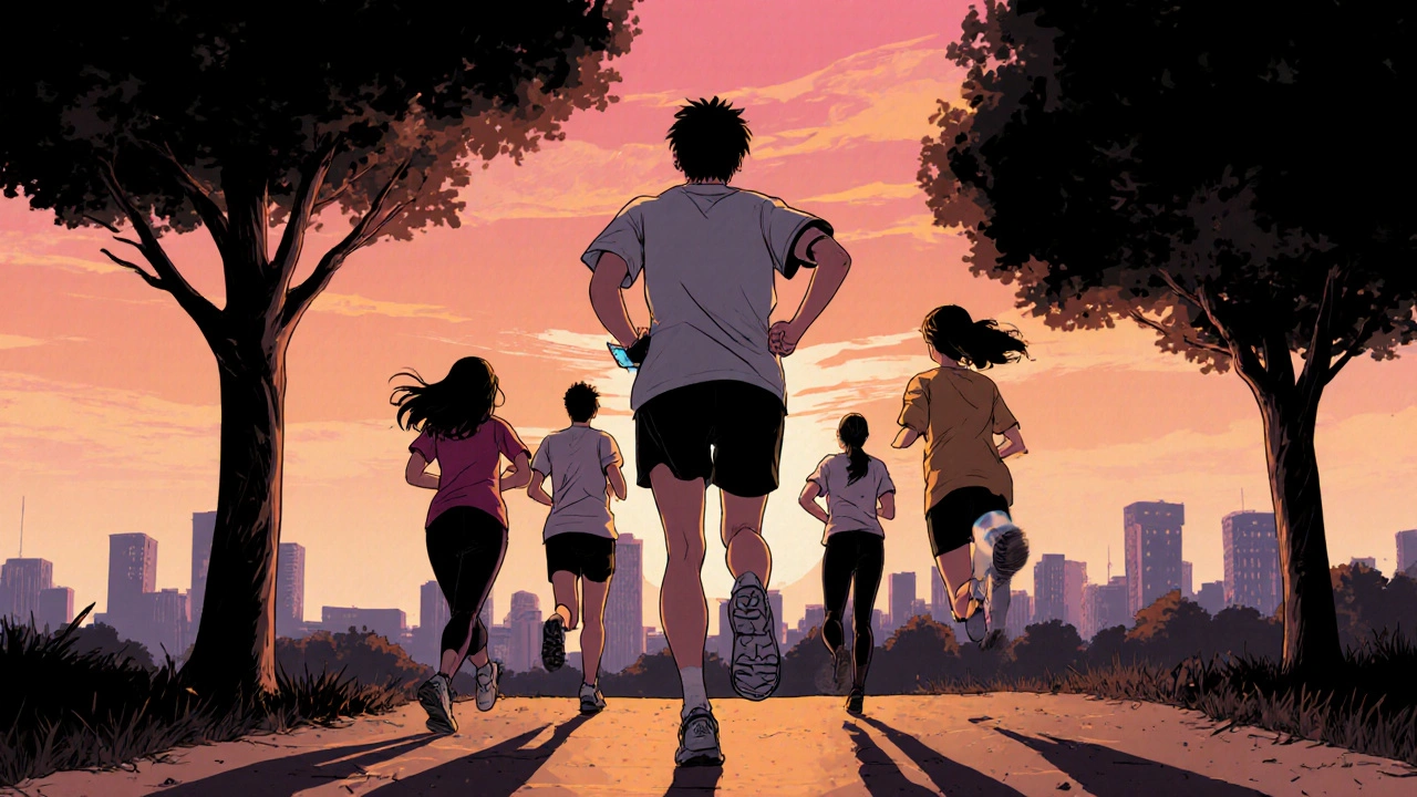 Group of friends jogging at sunset, with one person holding a diary, showing active living.