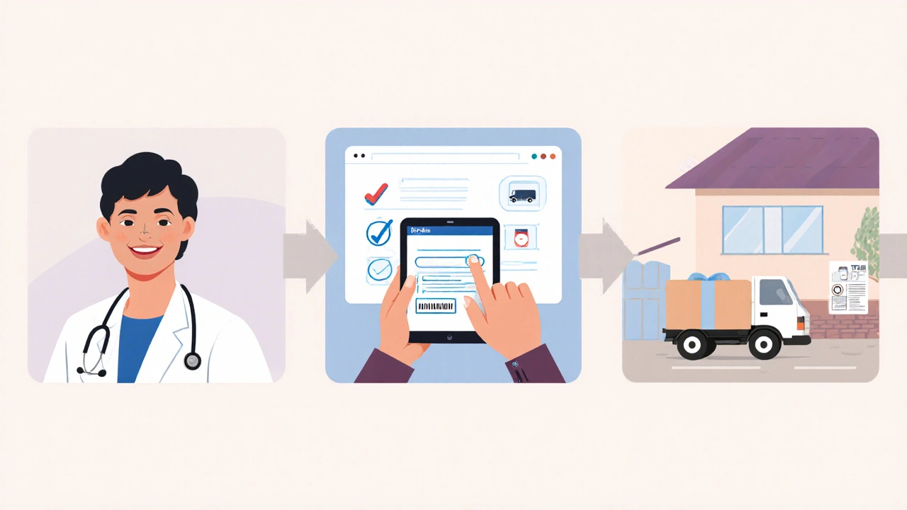Illustrated three‑step flow: telehealth prescription, online order, parcel delivery.