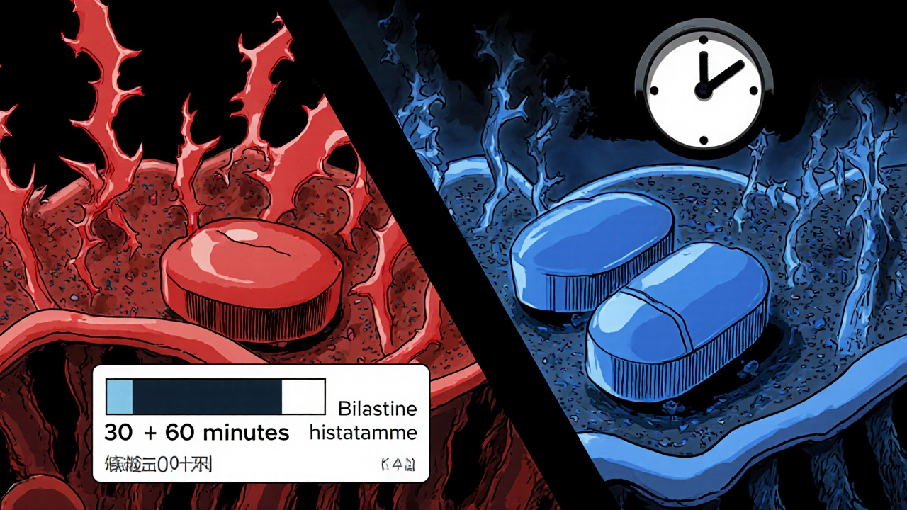 Illustration of Bilastine blocking histamine at H1 receptors.