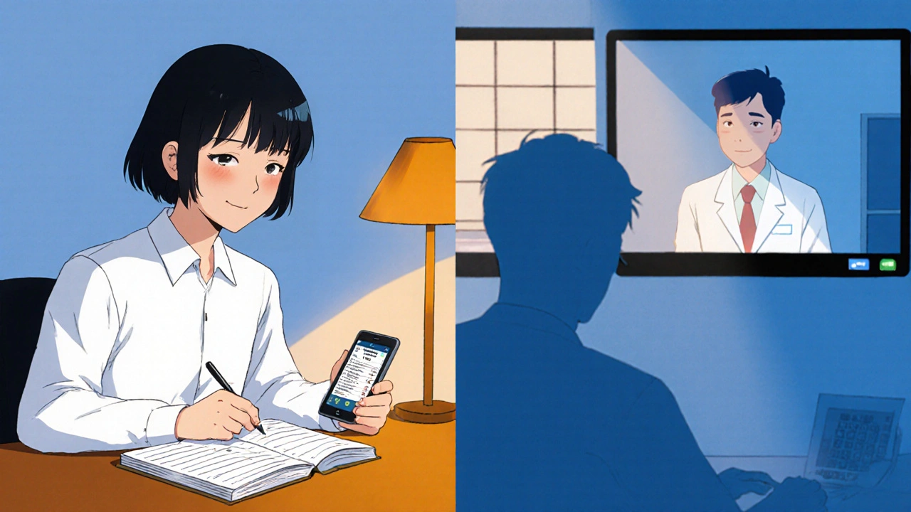 Individual reviewing a health log and video‑calling a doctor after monitoring blood pressure.