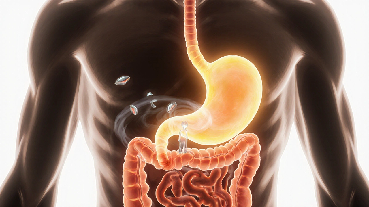 Internal view of stomach irritation and liver yellowing from bilirubin.
