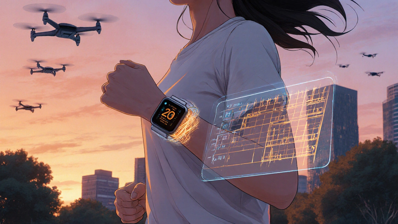 Jogger in park wearing futuristic smartwatch and ring with floating QTc HUD at dusk.
