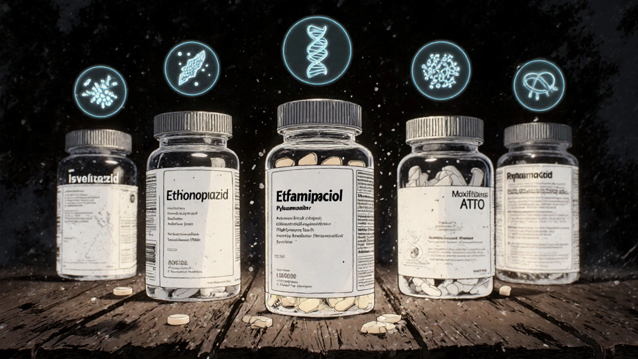 Lineup of colorful TB medication bottles with symbolic icons on a dark table.