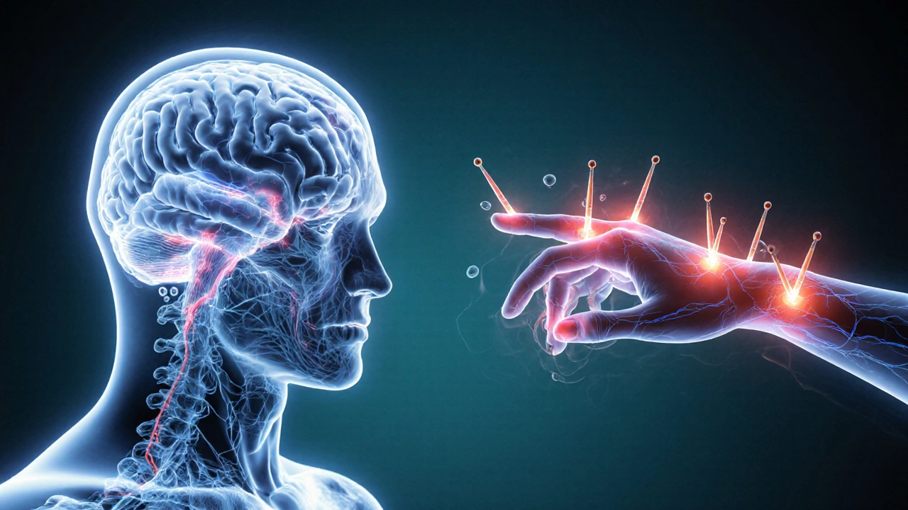 Medical illustration shows brain motor areas with glowing acupuncture needles affecting neural pathways.