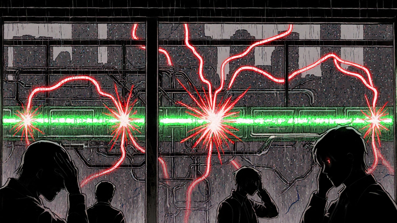 Nervous system as subway map with hypertension explosions after medication stops.