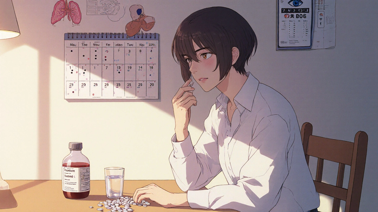 Patient at home taking pills with vitamin B6, surrounded by health‑monitor reminders.