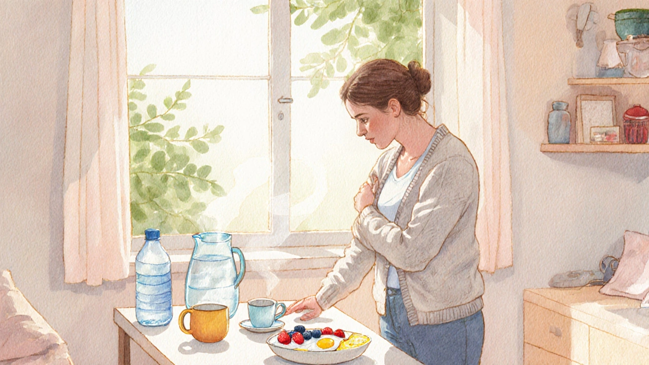 Patient at kitchen table with water, yogurt, berries, and eggs.