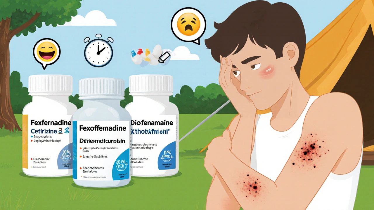 Person at campsite with fexofenadine, cetirizine, diphenhydramine bottles and relief timeline.