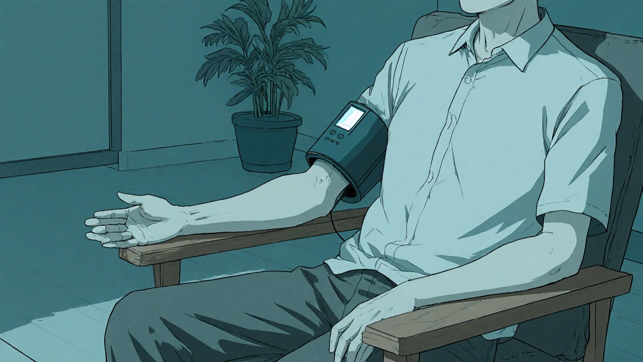 Person correctly measuring blood pressure with cuff while sitting upright in a quiet room.