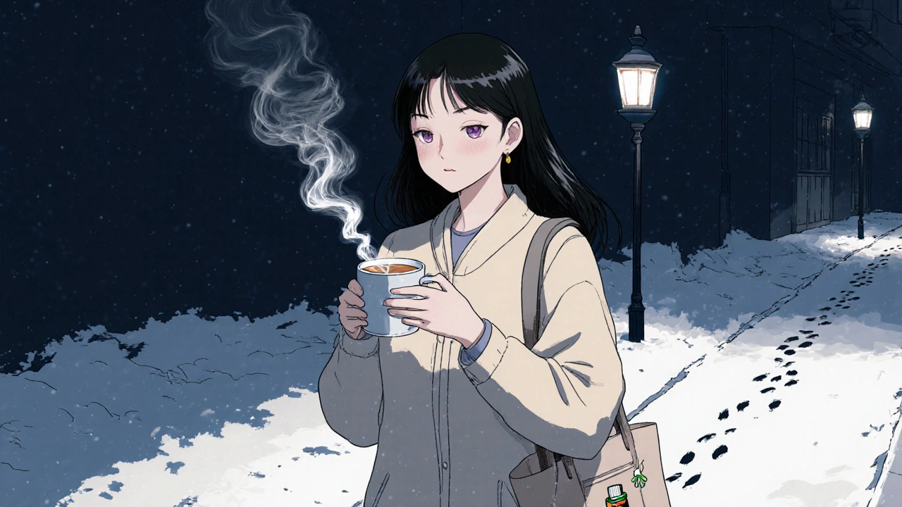 Person walking at night holding ginger tea, peppermint oil nearby, for post‑meal relief.