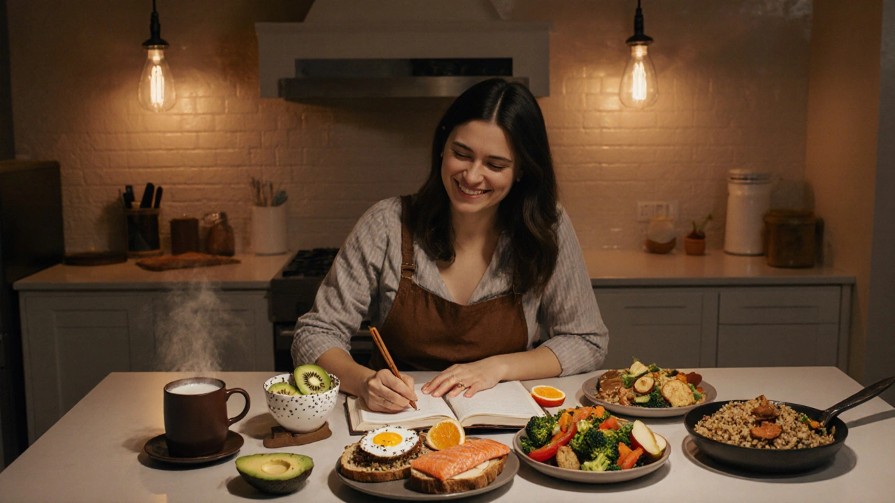 Pregnant woman writing in a food diary beside a comforting spread of nutritious meals in a warm kitchen.