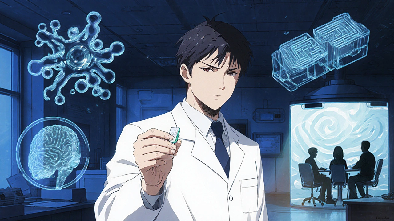 Scientist holds topiramate pill with floating GABA and vestibular diagrams in a lab.