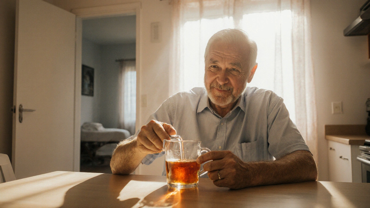 Senior man pours tea with steady hands in warm sunlight, suggesting improved tremor after acupuncture.