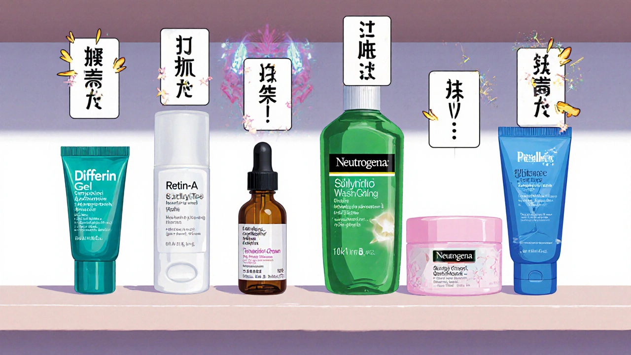 Shelf of six acne products with small panels showing each treatment's action.