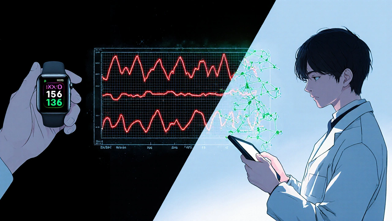 Split view of Apple Watch and KardiaMobile 6L with holographic multi‑lead ECG and AI network.