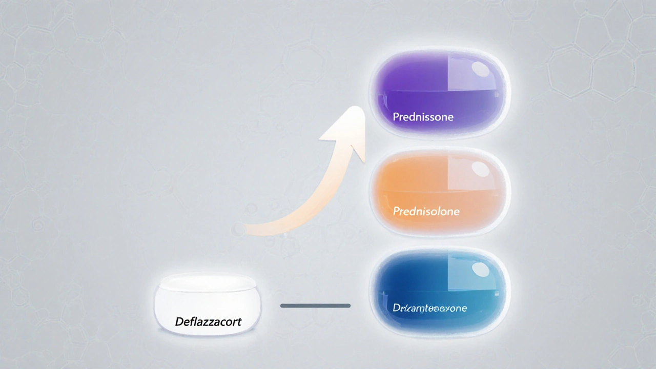 Stacked pill icons on a ladder illustrating increasing steroid potency.