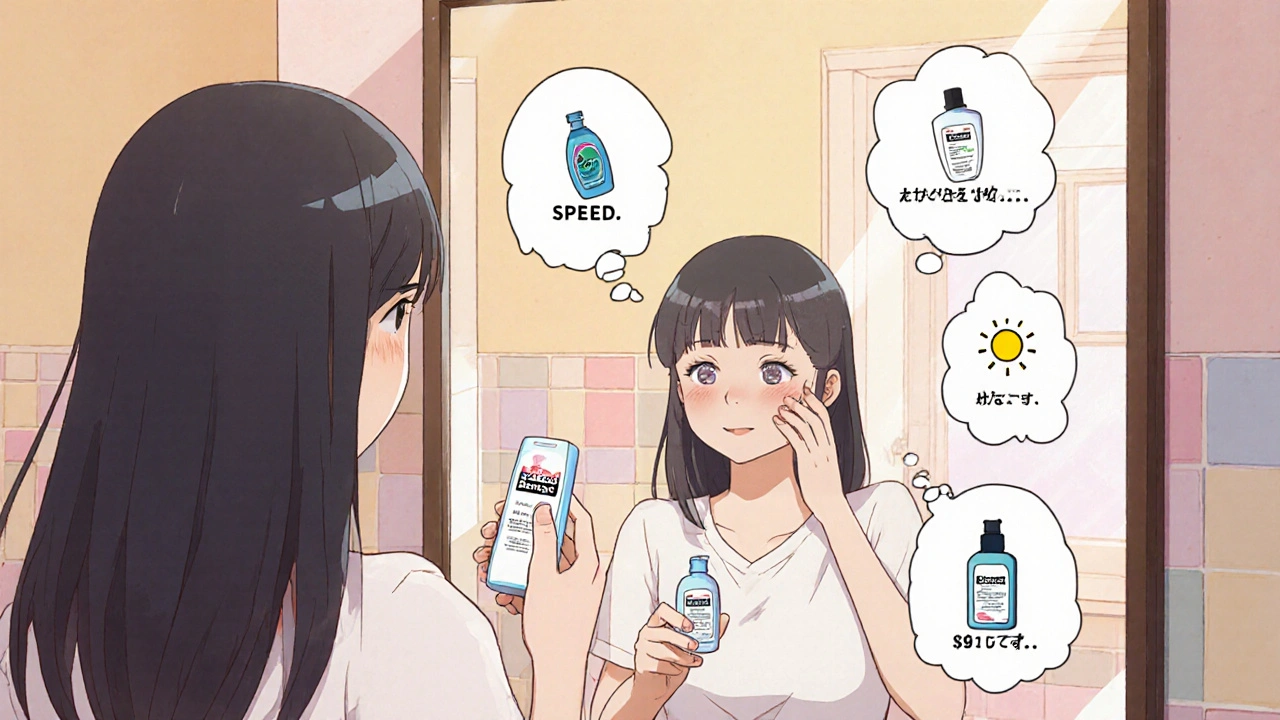 Teen applying cleanser, treatment, moisturizer, and sunscreen with thought bubbles.