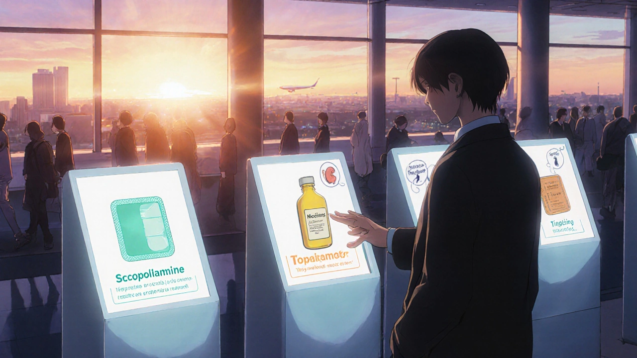 Traveler chooses between scopolamine patch, meclizine pills, and topiramate at a terminal.