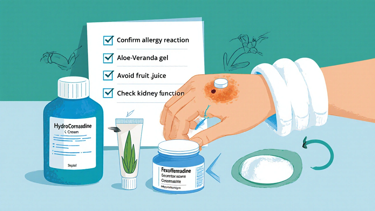 Treatment layout with fexofenadine tablet, hydrocortisone, aloe gel, cold compress and checklist.