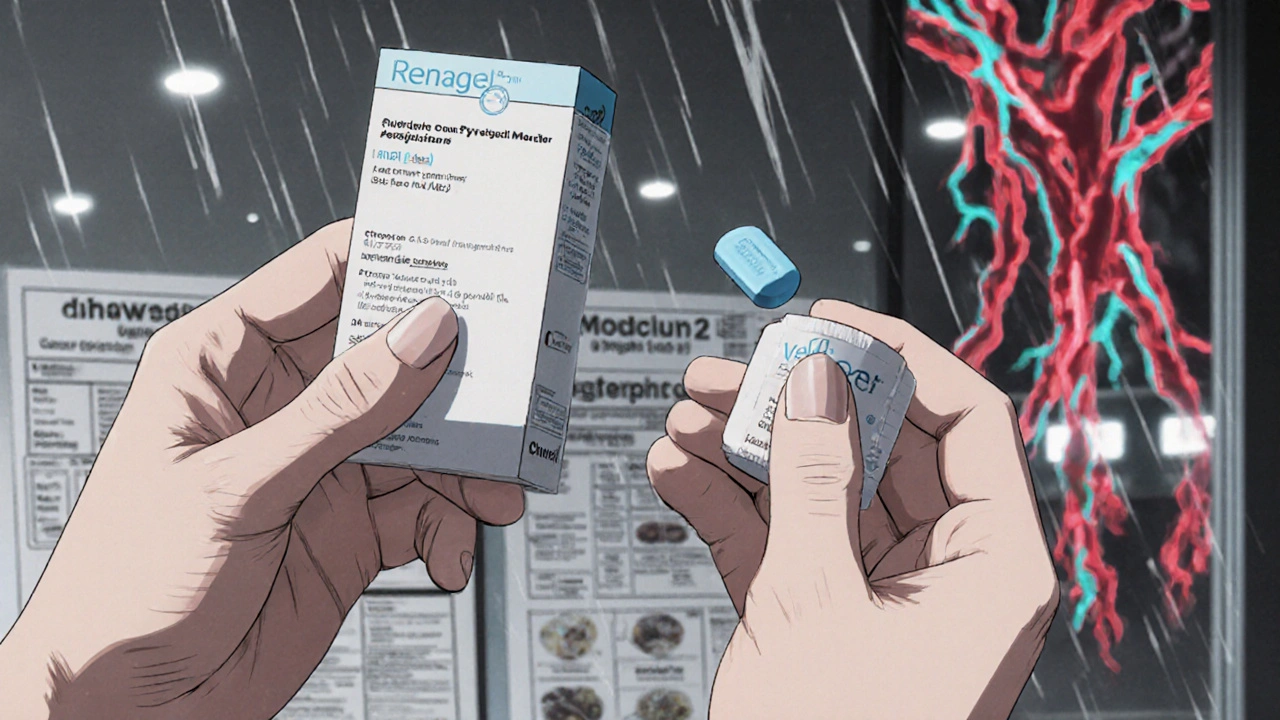 Two phosphate binder tablets side by side, one large pill and one chewable, with glowing blood vessels showing calcium vs. safe control.