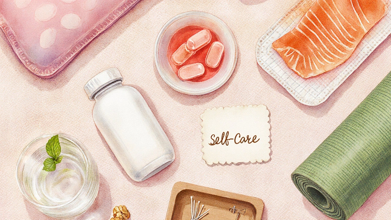 Watercolor flat lay of NSAIDs, heating pad, contraceptive pills, yoga mat, and healthy foods.