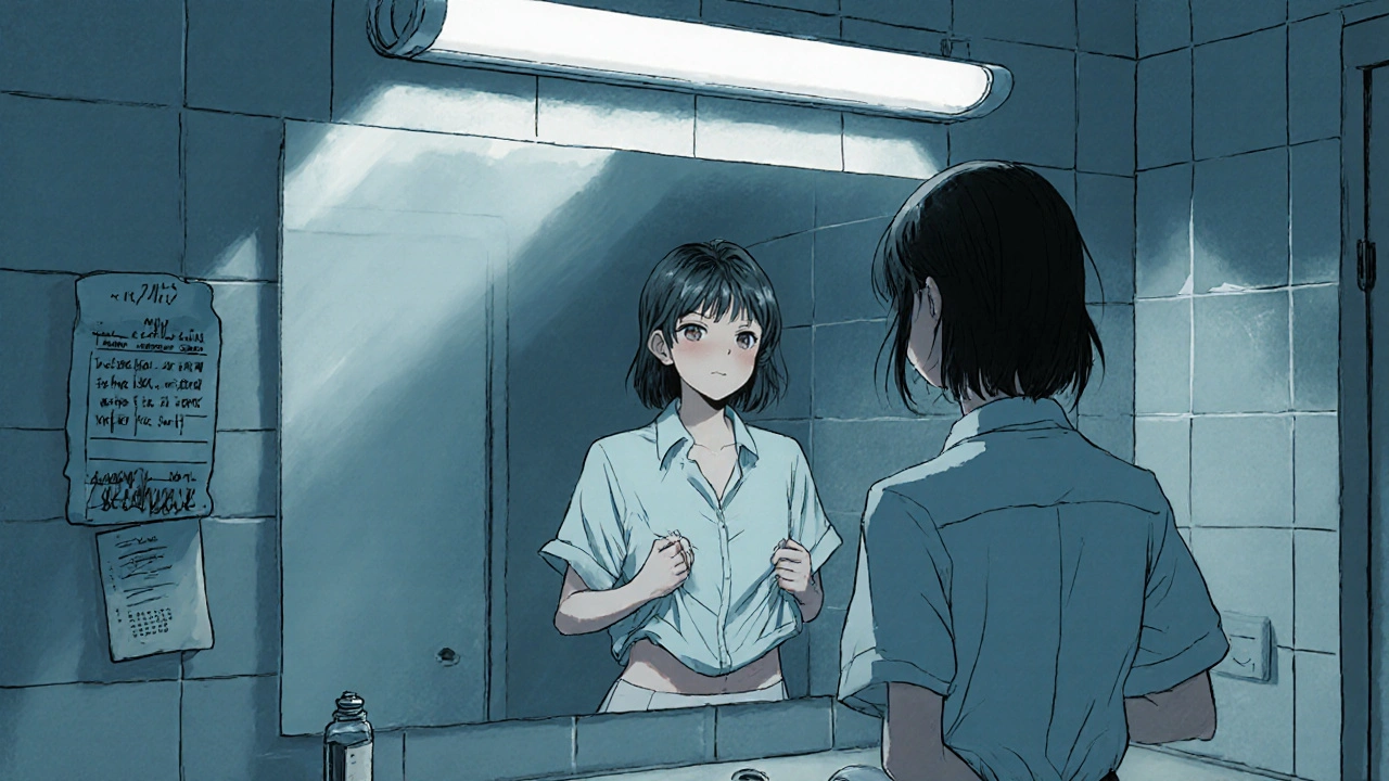Woman examining herself in a bathroom mirror, noticing slight weight gain and hair thinning.