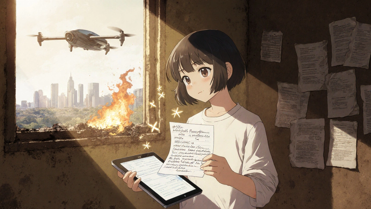 A child watches as AI converts a handwritten prescription into digital text with glowing glyphs in a rural clinic.