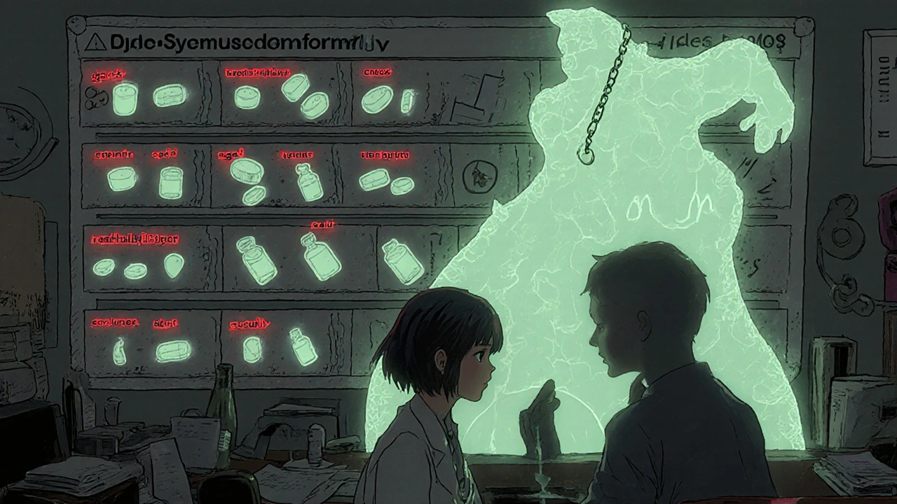A doctor and patient facing a glowing five-tier formulary chart, with symbolic drug icons and dark shadows.