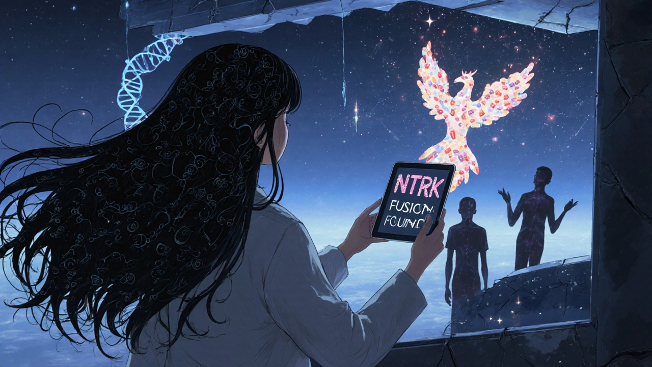 A girl with DNA-hair reaches for a gene mutation alert, while patient silhouettes reveal glowing genetic constellations around them.