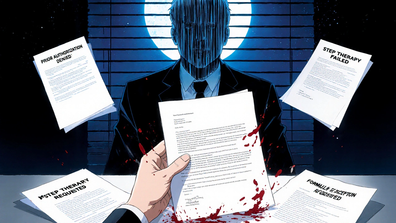 A hand submitting an appeal letter as a barcode-suited figure looms, with blood-red ink dripping in dark anime style.