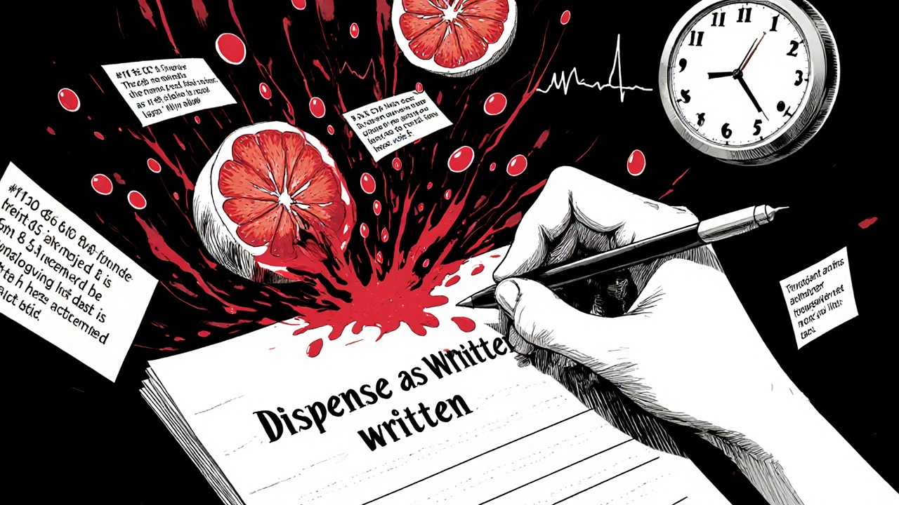 A hand writing &#039;Dispense as Written&#039; as blood test numbers and grapefruit droplets swirl into a toxic vortex.