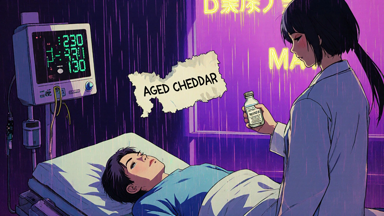 A patient in an ER with a blood pressure monitor showing critical levels, a linezolid vial and aged cheese label floating nearby.